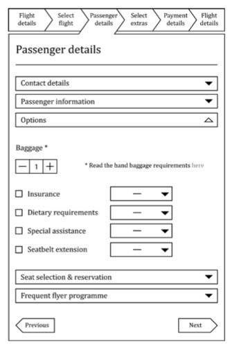 Figure 20 – Special assistance and seatbelt extension options in the ‘passenger details’ section of the online booking process
