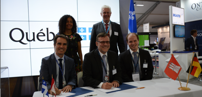 The MoU was signed by Alain Aubertin, VP of CRIAQ and CARIC; Roland Gerhards, MD of ZAL; and Joachim Edel, manager of innovation at ZAL, in the presence of Québec’s Deputy Premier, Dominique Anglade, and Hamburg Aviation’s MD, Dr Franz Josef Kirschfink