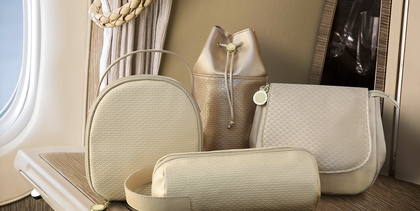 The Bulgari first class kit for Emirates. The bags can also be used after the flight to store items such as headphones, makeup or jewelry