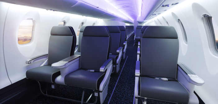 The CRJ550 cabin (not the GoJet design). Bombardier views this model as the only aircraft in North America that can replace the existing fleet of ageing 50-seaters, a market of more than 700 aircraft