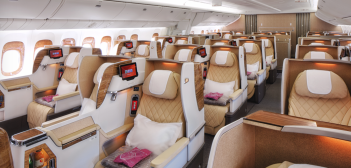 Emirates' retrofitted Boeing 777-200LRs feature a 2-2-2 business class cabin
