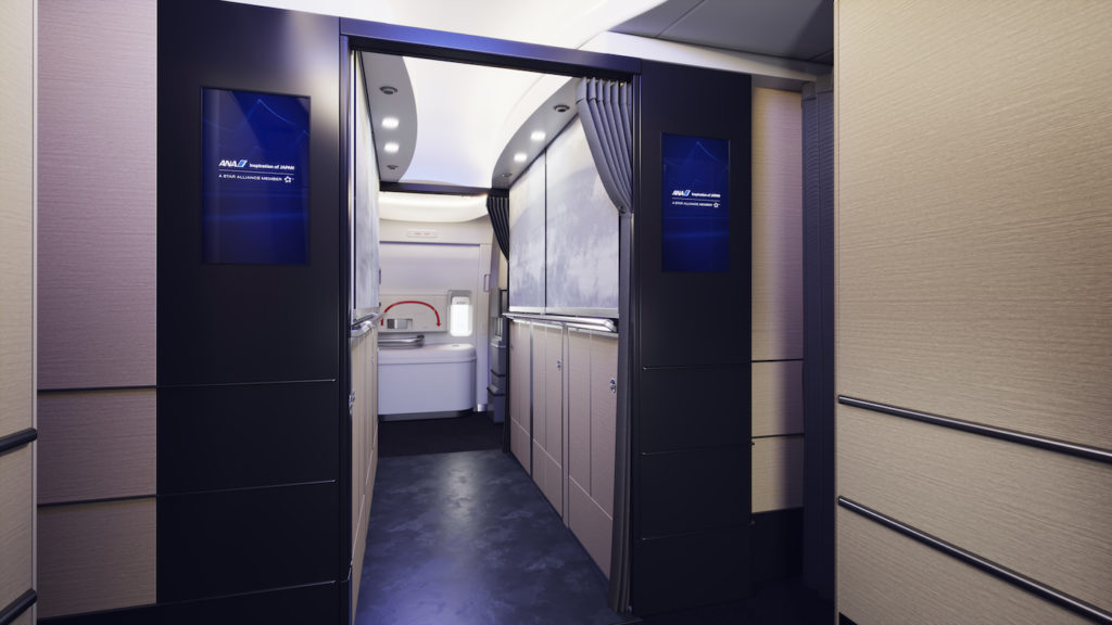 Natural-looking materials have been selected for the welcome zones, with blinds to conceal the galley fixtures