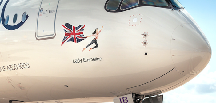 The virgin atlantic a350 named lady emmeline, sitting on the runway