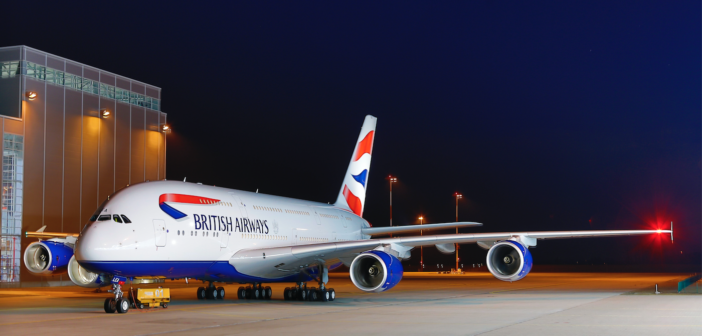A British Airways A380 parked on the tarmac outside the Lufthansa Technik Philippines facility in Manila
