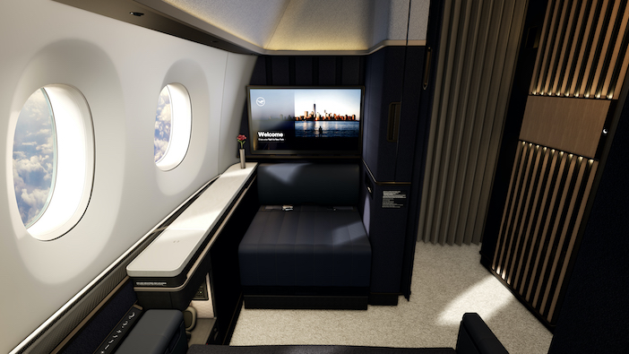A single-occupant outer suite in the Lufthansa A350 Allegris first-class cabin