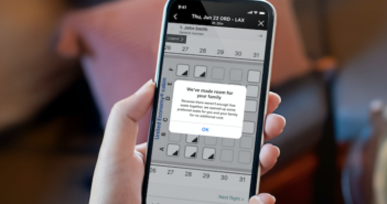 The United Airlines family seating map being accessed on a smartphone