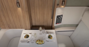 The large table in the Qantas A250-1000 first-class suite is large enough for a companion to join for working or dining