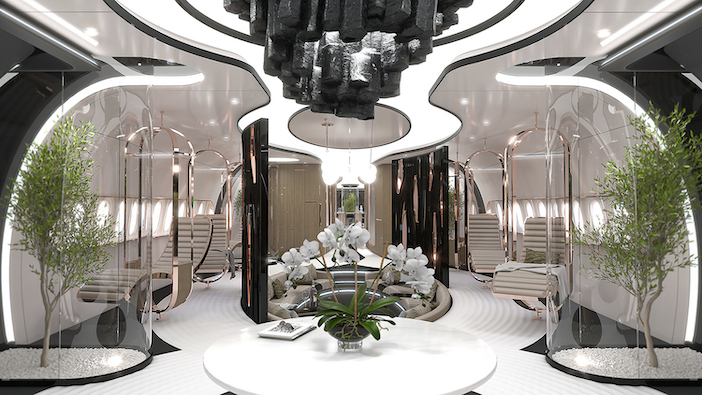 A soaring, elegant space in Greenpoint's BBJx concept, with a seating area surrounded by a zen garden
