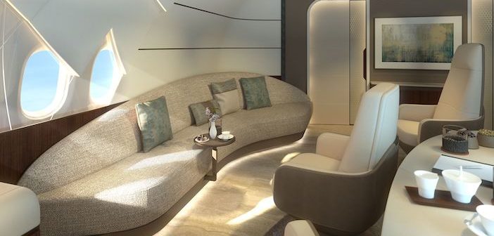 An area with comfortable seats and sofas in Lufthansa Technik's BBJ-9 VIP cabin concept