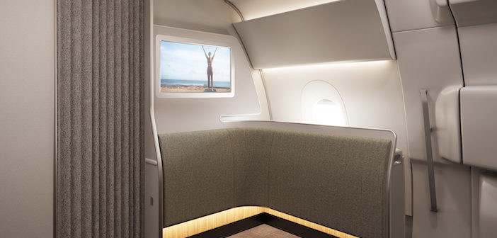 The Qantas A50 Wellness zone, with padded vertical surfaces and screens showing stretching exercises