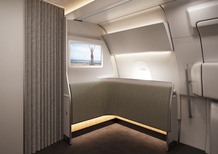 The Qantas A50 Wellness zone, with padded vertical surfaces and screens showing stretching exercises