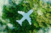 An illustration showing the outline of a plane against a rainforest background
