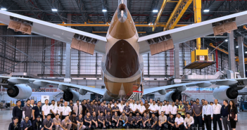 The Etihad Engineering team standing with the a380 in the hangar