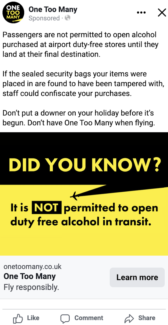 A One Too Many Facebook advert, reminding passengers not to open any duty-free purchases until they reach their destination