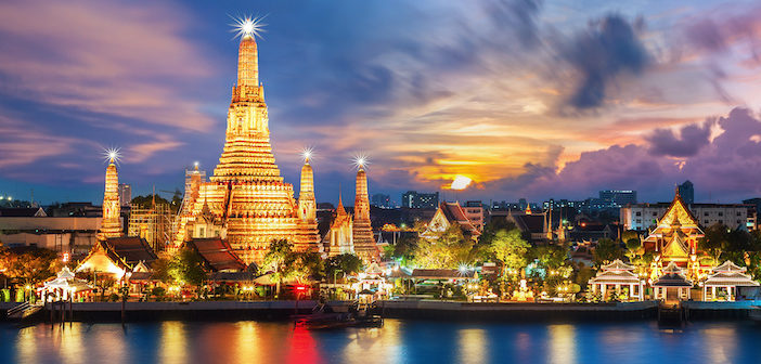 The Wat Arun Temple in Bangkok, illuminated at night