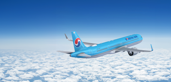 A Korean Air A321neo flying through the sky