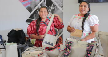 2 women from the the Tarahumara tribe showing their bags in the shop
